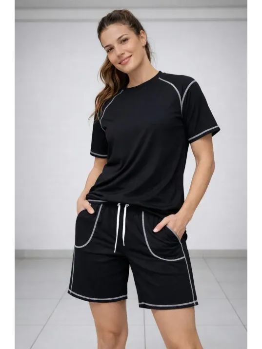 Kadın Spor Tişört Şort Takım Kontrast Dikiş Detaylı Ovarsize Rahat Kalıp - Siyah