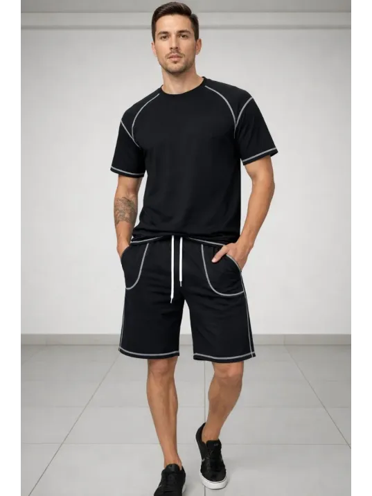 Erkek Spor Tişört Şort Takım Kontrast Dikiş Detaylı Ovarsize Rahat Kalıp - Siyah Erkek Spor Tişört Şort Takım Kontrast Dikiş Detaylı Ovarsize Rahat Kalıp - Siyah