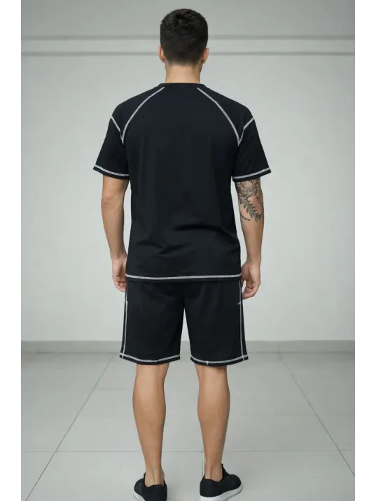 Erkek Spor Tişört Şort Takım Kontrast Dikiş Detaylı Ovarsize Rahat Kalıp - Siyah Erkek Spor Tişört Şort Takım Kontrast Dikiş Detaylı Ovarsize Rahat Kalıp - Siyah