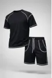 Erkek Spor Tişört Şort Takım Kontrast Dikiş Detaylı Ovarsize Rahat Kalıp - Siyah Erkek Spor Tişört Şort Takım Kontrast Dikiş Detaylı Ovarsize Rahat Kalıp - Siyah
