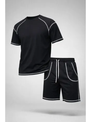 Erkek Spor Tişört Şort Takım Kontrast Dikiş Detaylı Ovarsize Rahat Kalıp - Siyah