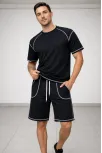 Erkek Spor Tişört Şort Takım Kontrast Dikiş Detaylı Ovarsize Rahat Kalıp - Siyah Erkek Spor Tişört Şort Takım Kontrast Dikiş Detaylı Ovarsize Rahat Kalıp - Siyah