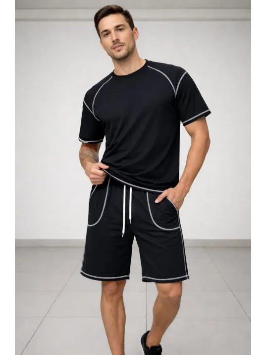Erkek Spor Tişört Şort Takım Kontrast Dikiş Detaylı Ovarsize Rahat Kalıp - Siyah Erkek Spor Tişört Şort Takım Kontrast Dikiş Detaylı Ovarsize Rahat Kalıp - Siyah