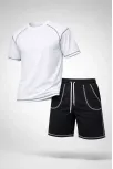 Erkek Spor Tişört Şort Takım Kontrast Dikiş Detaylı Ovarsize Rahat Kalıp - Beyaz Erkek Spor Tişört Şort Takım Kontrast Dikiş Detaylı Ovarsize Rahat Kalıp - Beyaz