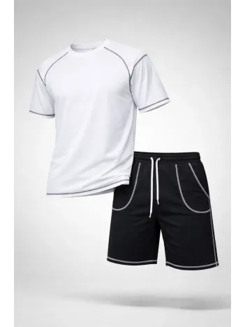 Erkek Spor Tişört Şort Takım Kontrast Dikiş Detaylı Ovarsize Rahat Kalıp - Beyaz