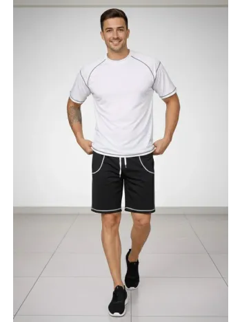 Erkek Spor Tişört Şort Takım Kontrast Dikiş Detaylı Ovarsize Rahat Kalıp - Beyaz