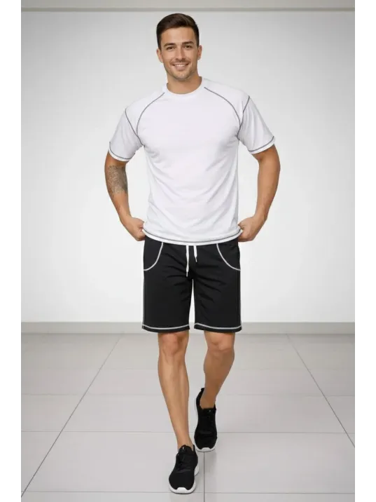 Erkek Spor Tişört Şort Takım Kontrast Dikiş Detaylı Ovarsize Rahat Kalıp - Beyaz Erkek Spor Tişört Şort Takım Kontrast Dikiş Detaylı Ovarsize Rahat Kalıp - Beyaz