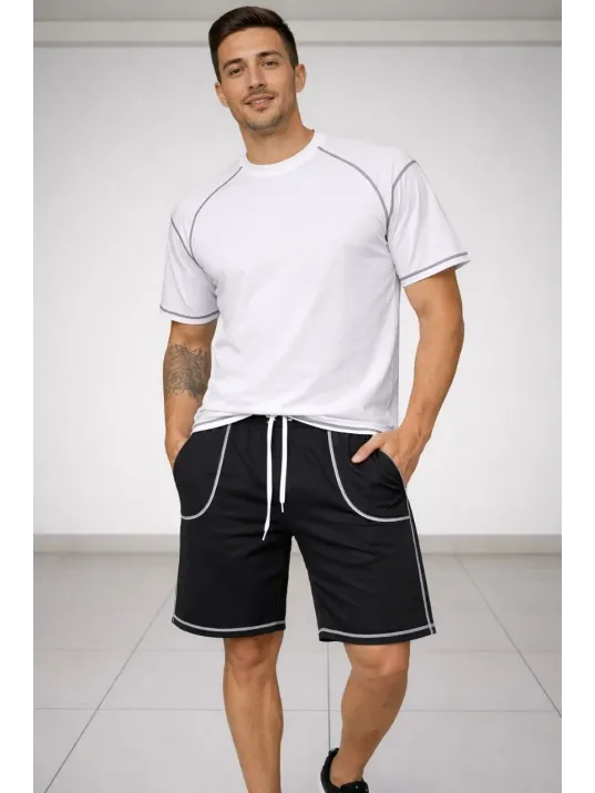 Erkek Spor Tişört Şort Takım Kontrast Dikiş Detaylı Ovarsize Rahat Kalıp - Beyaz Erkek Spor Tişört Şort Takım Kontrast Dikiş Detaylı Ovarsize Rahat Kalıp - Beyaz