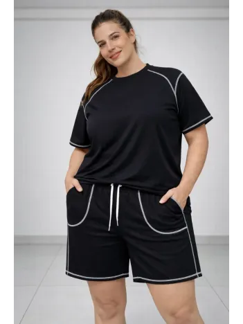 Kadın Battal Beden Kısa Kollu Tişört Şort Takım Kontrast Dikiş Detaylı Günlük Ev Giyimi - Siyah