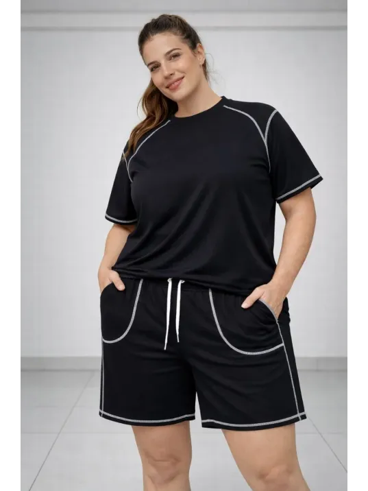 Kadın Battal Beden Kısa Kollu Tişört Şort Takım Kontrast Dikiş Detaylı Günlük Ev Giyimi - Siyah Kadın Battal Beden Kısa Kollu Tişört Şort Takım Kontrast Dikiş Detaylı Günlük Ev Giyimi - Siyah