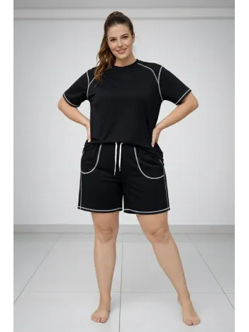 Kadın Battal Beden Kısa Kollu Tişört Şort Takım Kontrast Dikiş Detaylı Günlük Ev Giyimi - Siyah