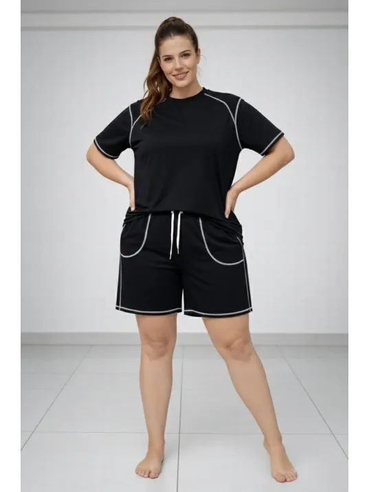 Kadın Battal Beden Kısa Kollu Tişört Şort Takım Kontrast Dikiş Detaylı Günlük Ev Giyimi - Siyah Kadın Battal Beden Kısa Kollu Tişört Şort Takım Kontrast Dikiş Detaylı Günlük Ev Giyimi - Siyah
