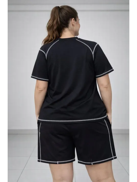 Kadın Battal Beden Kısa Kollu Tişört Şort Takım Kontrast Dikiş Detaylı Günlük Ev Giyimi - Siyah Kadın Battal Beden Kısa Kollu Tişört Şort Takım Kontrast Dikiş Detaylı Günlük Ev Giyimi - Siyah