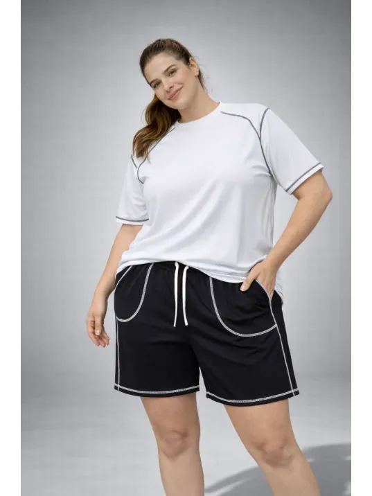 Kadın Battal Beden Kısa Kollu Tişört Şort Takım Kontrast Dikiş Detaylı Günlük Ev Giyimi - Beyaz