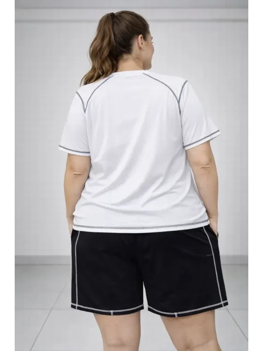 Kadın Battal Beden Kısa Kollu Tişört Şort Takım Kontrast Dikiş Detaylı Günlük Ev Giyimi - Beyaz