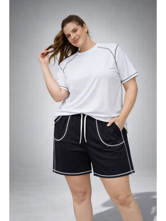 Kadın Battal Beden Kısa Kollu Tişört Şort Takım Kontrast Dikiş Detaylı Günlük Ev Giyimi - Beyaz