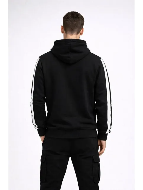 Erkek Şeritli Kapüşonlu Sweatshirt Oversize 3 İplik Pamuklu - Siyah