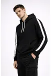 Erkek Şeritli Kapüşonlu Sweatshirt Oversize 3 İplik Pamuklu - Siyah