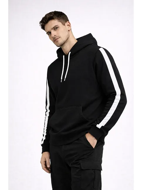 Erkek Şeritli Kapüşonlu Sweatshirt Oversize 3 İplik Pamuklu - Siyah