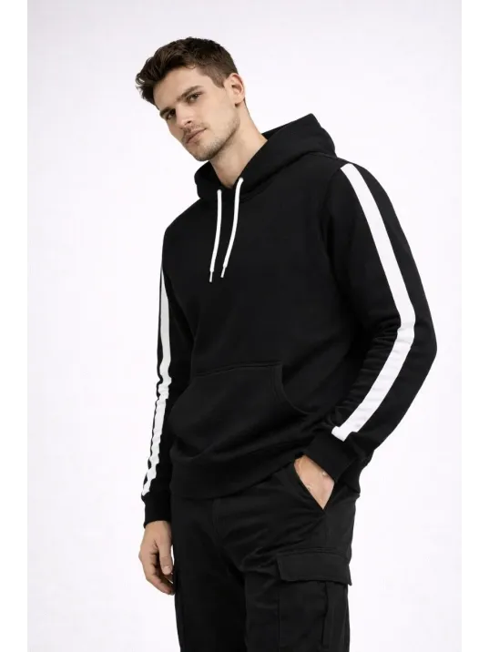 Erkek Şeritli Kapüşonlu Sweatshirt Oversize 3 İplik Pamuklu - Siyah