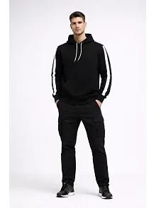 Erkek Şeritli Kapüşonlu Sweatshirt Oversize 3 İplik Pamuklu - Siyah