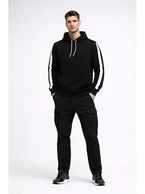 Erkek Şeritli Kapüşonlu Sweatshirt Oversize 3 İplik Pamuklu - Siyah