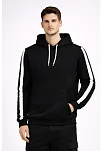 Erkek Şeritli Kapüşonlu Sweatshirt Oversize 3 İplik Pamuklu - Siyah
