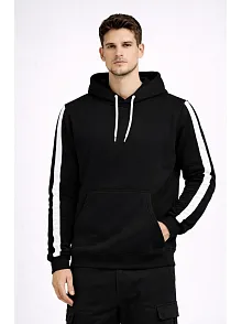 Erkek Şeritli Kapüşonlu Sweatshirt Oversize 3 İplik Pamuklu - Siyah