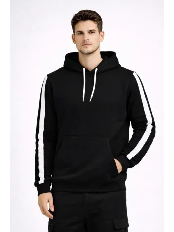 Erkek Şeritli Kapüşonlu Sweatshirt Oversize 3 İplik Pamuklu - Siyah