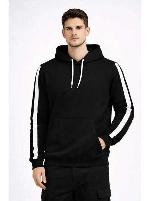 Erkek Şeritli Kapüşonlu Sweatshirt Oversize 3 İplik Pamuklu - Siyah