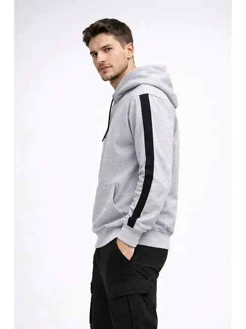 Erkek Şeritli Kapüşonlu Sweatshirt Oversize 3 İplik Pamuklu - Beyaz