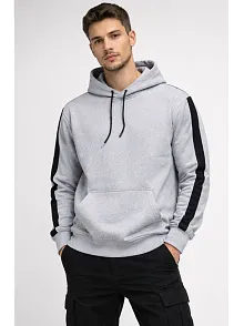 Erkek Şeritli Kapüşonlu Sweatshirt Oversize 3 İplik Pamuklu - Beyaz
