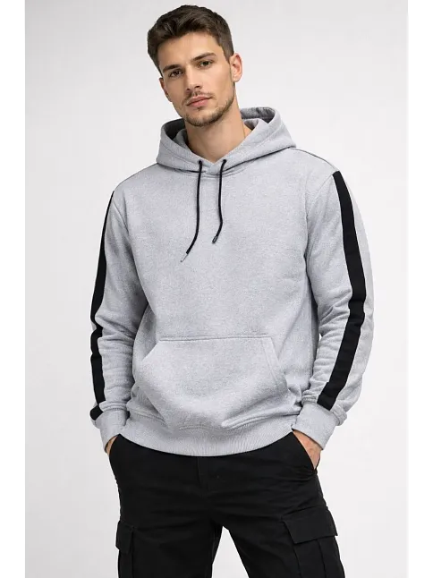 Erkek Şeritli Kapüşonlu Sweatshirt Oversize 3 İplik Pamuklu - Beyaz