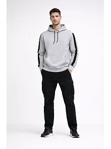 Erkek Şeritli Kapüşonlu Sweatshirt Oversize 3 İplik Pamuklu - Beyaz