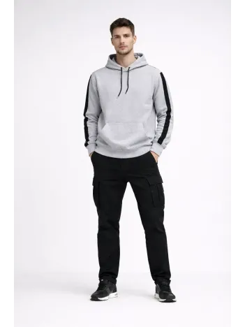 Erkek Şeritli Kapüşonlu Sweatshirt Oversize 3 İplik Pamuklu - Beyaz