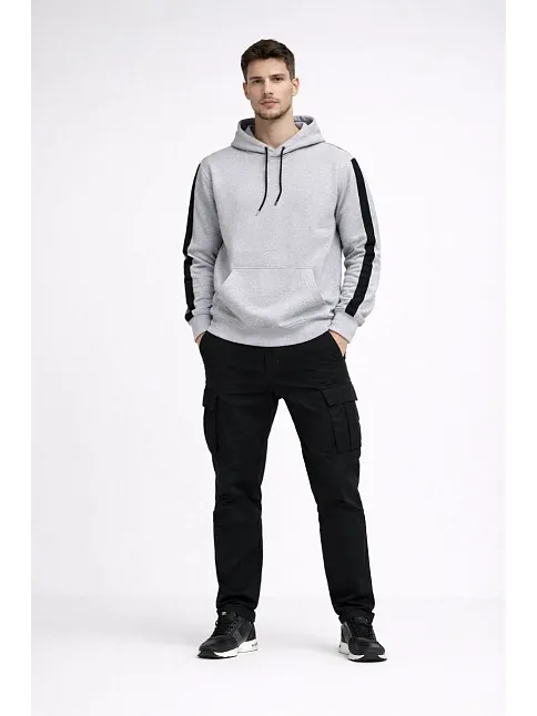 Erkek Şeritli Kapüşonlu Sweatshirt Oversize 3 İplik Pamuklu - Beyaz