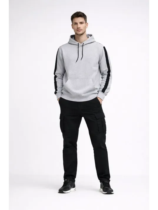 Erkek Şeritli Kapüşonlu Sweatshirt Oversize 3 İplik Pamuklu - Beyaz