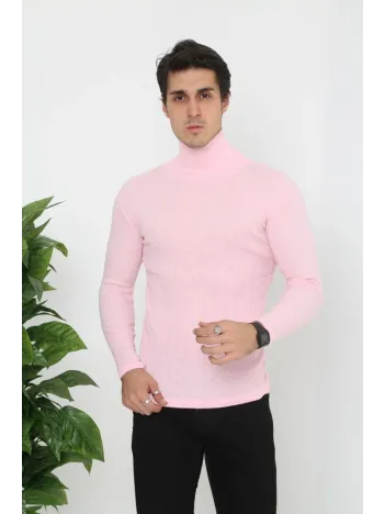 Erkek Kaşkorse Boğazlı Full Likralı Fitilli Body Kazak - Toz Pembe