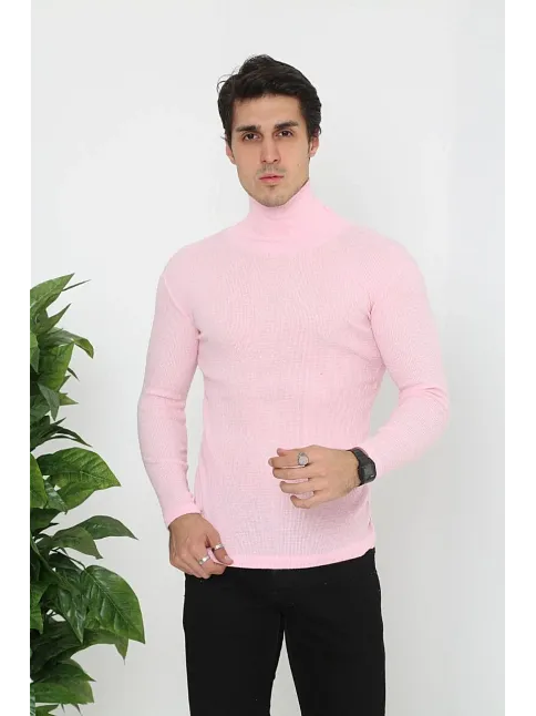 Erkek Kaşkorse Boğazlı Full Likralı Fitilli Body Kazak - Toz Pembe
