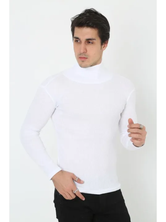 Erkek Kaşkorse Boğazlı Full Likralı Fitilli Body Kazak - Beyaz