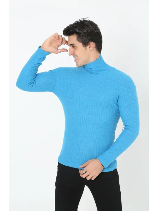 Erkek Kaşkorse Boğazlı Full Likralı Fitilli Body Kazak - Bebek Mavisi