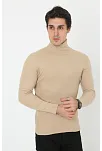 Erkek Kaşkorse Boğazlı Full Likralı Fitilli Body Kazak - Bej