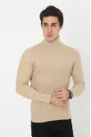 Erkek Kaşkorse Boğazlı Full Likralı Fitilli Body Kazak - Bej