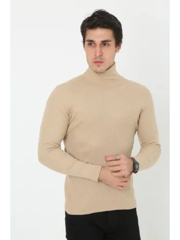 Erkek Kaşkorse Boğazlı Full Likralı Fitilli Body Kazak - Bej