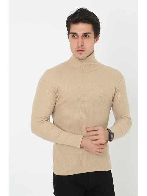 Erkek Kaşkorse Boğazlı Full Likralı Fitilli Body Kazak - Bej