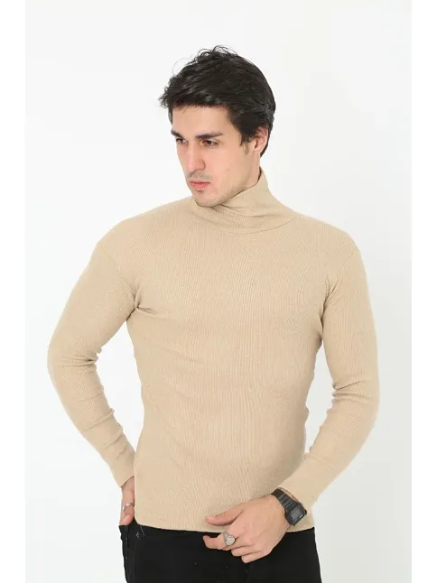 Erkek Kaşkorse Boğazlı Full Likralı Fitilli Body Kazak - Bej