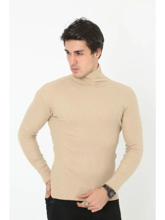 Erkek Kaşkorse Boğazlı Full Likralı Fitilli Body Kazak - Bej