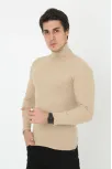Erkek Kaşkorse Boğazlı Full Likralı Fitilli Body Kazak - Bej