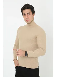 Erkek Kaşkorse Boğazlı Full Likralı Fitilli Body Kazak - Bej