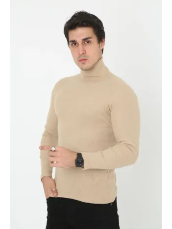 Erkek Kaşkorse Boğazlı Full Likralı Fitilli Body Kazak - Bej